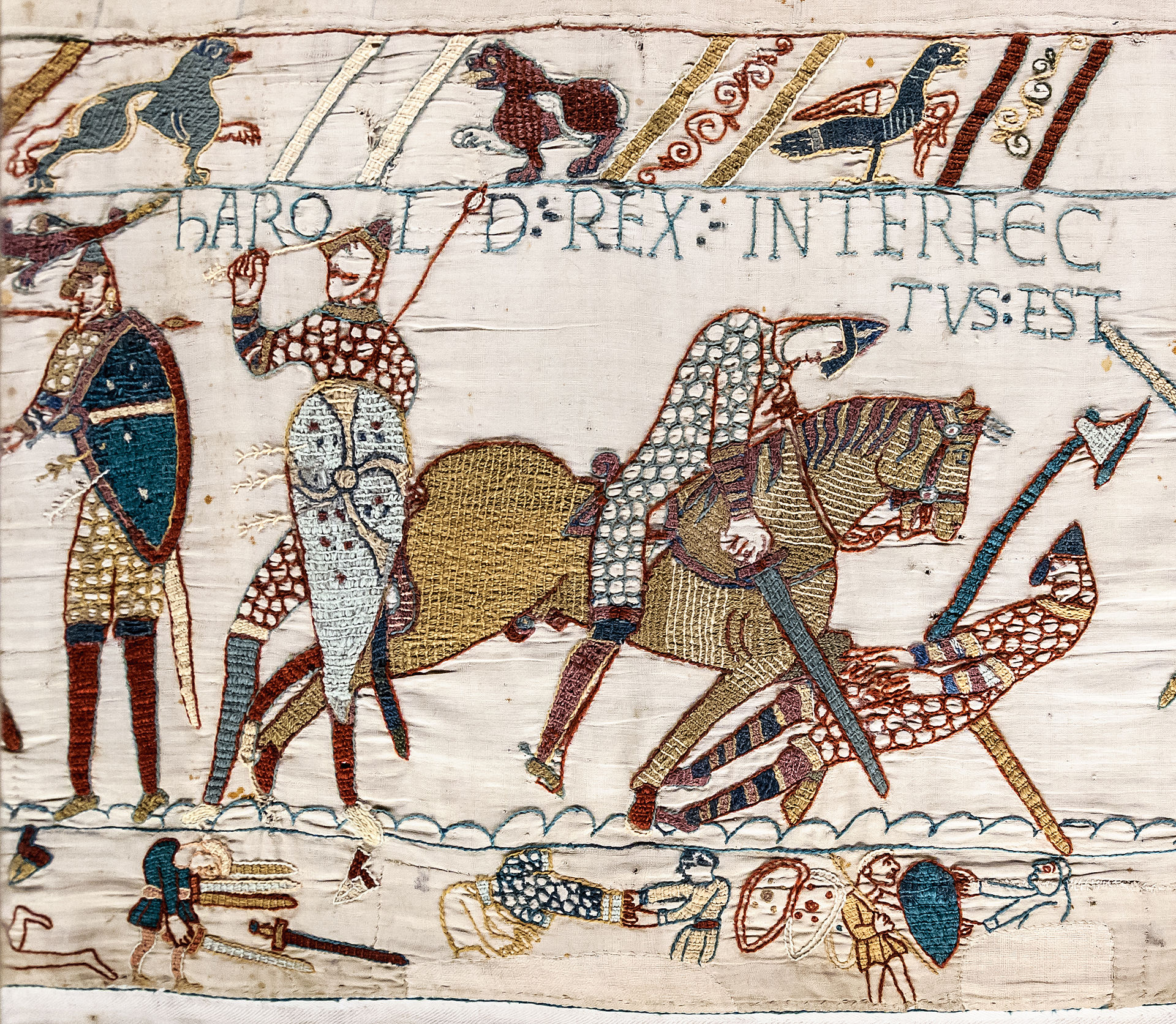 Bayeux Tapestry - Scene 57: the death of King Harold at the Battle of Hastings. Titulus: HIC HAROLD REX INTERFECTUS EST (Here King Harold is slain)